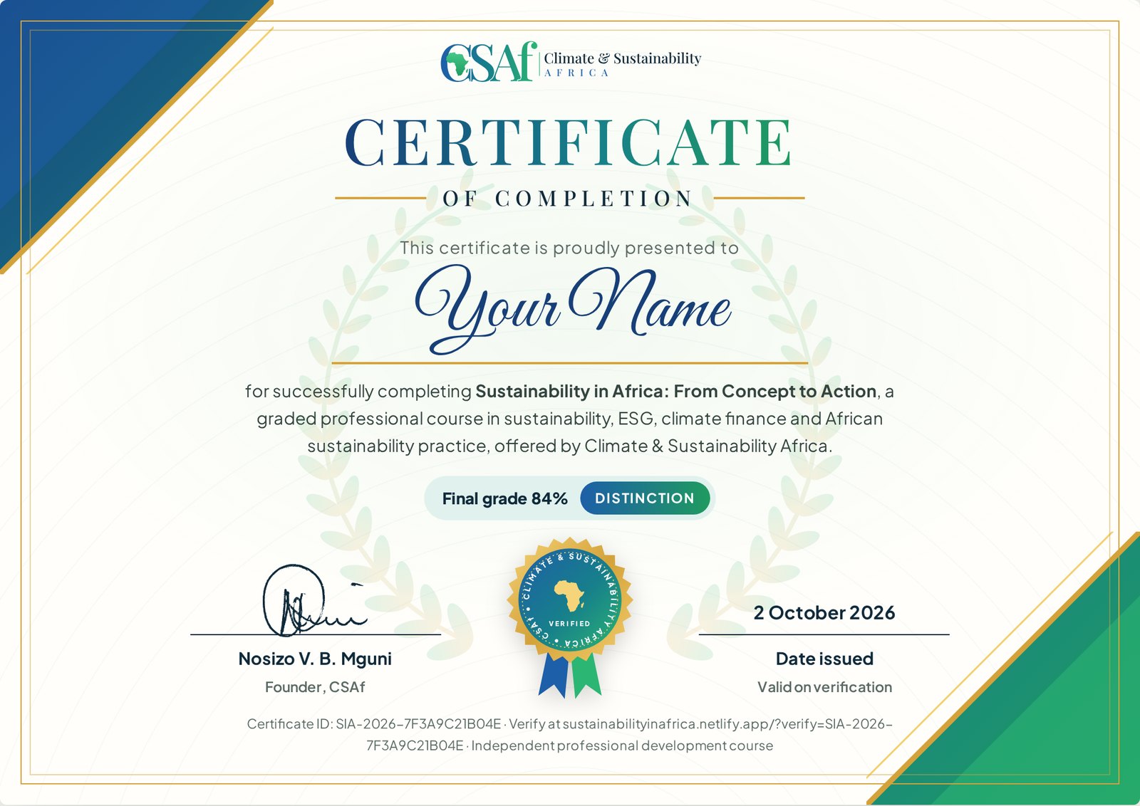 Sample certificate of completion issued by Climate & Sustainability Africa